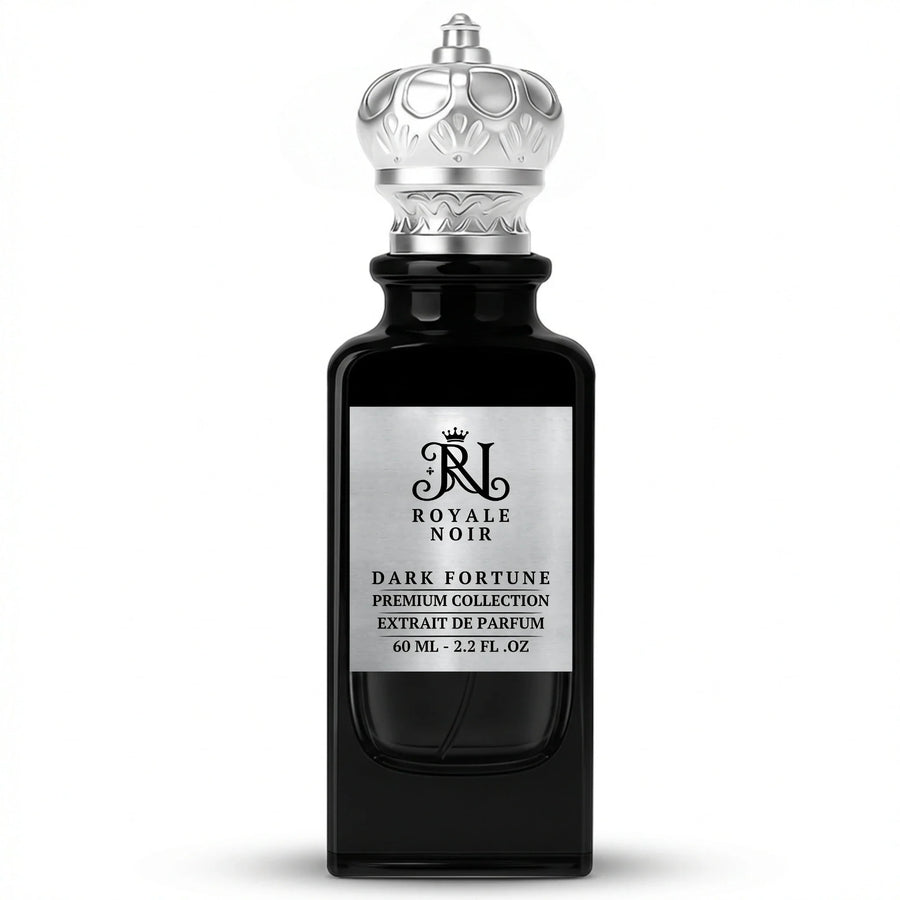 Dark Fortune Extrait De Parfum Premium Collection by Royale Noir – Elegant Fragrance in Black Bottle With Silver Label And Silver Crown Cap.
