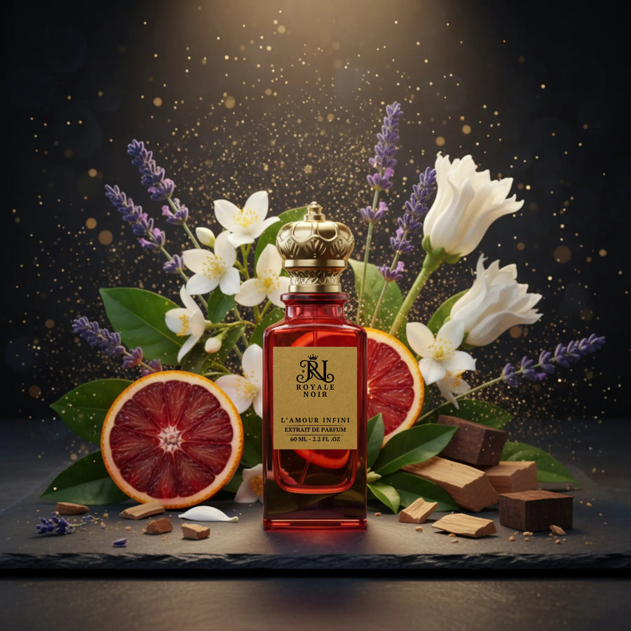 A luxurious royale noir red perfume bottle with a gold crown-shaped cap, labeled “Royale Noir – L’Amour Infini Extrait de Parfum, 60 mL – 2.2 fl. oz.” The bottle is surrounded by sliced blood orange, fresh ginger, sprigs of lavender, white jasmine flowers, green leaves, and cinnamon sticks.