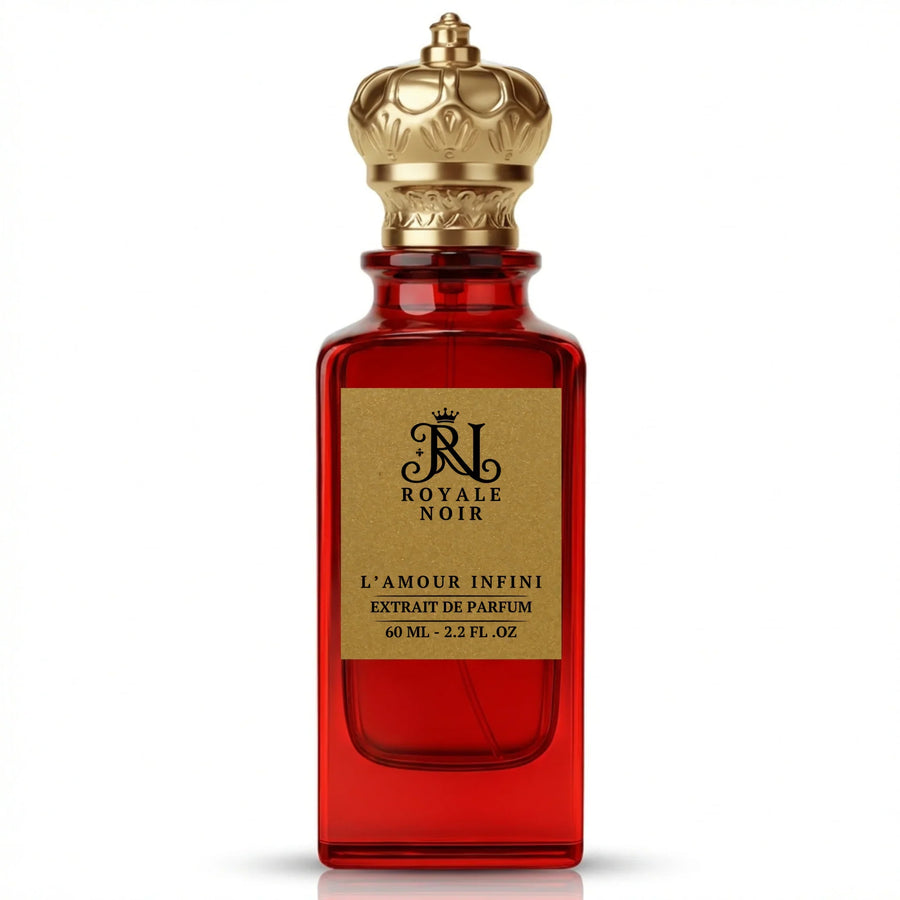 L'AMOUR INFINI Extrait De Parfum by Royale Noir – Elegant Fragrance in Transparent Red Bottle With Gold Label And Gold Crown Cap.