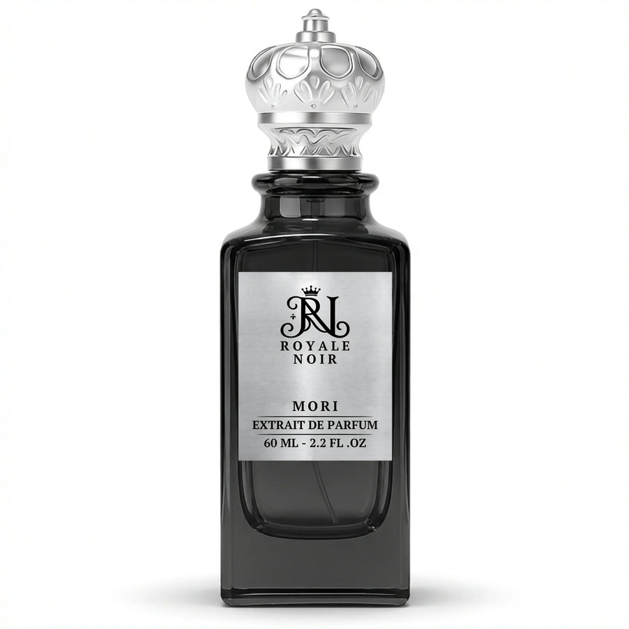 Mori Extrait De Parfum by Royale Noir – Elegant Fragrance in Transparent Black Bottle With Silver Label And Silver Crown Cap.