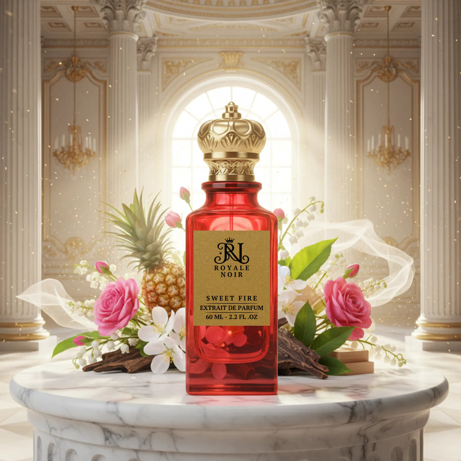A luxurious red bottle of Royale Noir's "Sweet Fire" Extrait de Parfum (60 ML – 2.2 FL. OZ.) set against a glowing dark background, surrounded by its fragrance ingredients. Elements include peach, pink rose, jasmine blossoms, lily of the valley, sweet floral petals, and soft woods — visually capturing the perfume’s sweet, floral, and slightly spicy composition in a romantic and enchanting atmosphere.