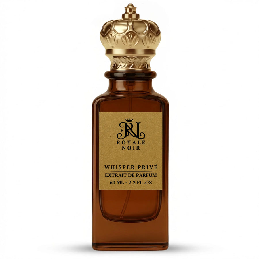 Brown perfume bottle labelled 'Royale Noir Whisper Prive' with gold cap on a white background