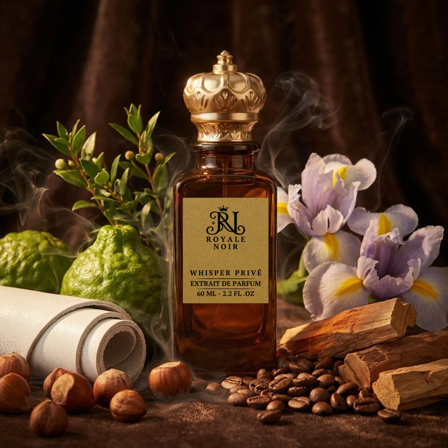 Perfume bottle labeled 'Royale Noir' with iris, leather, floral and botanical elements on a dark background