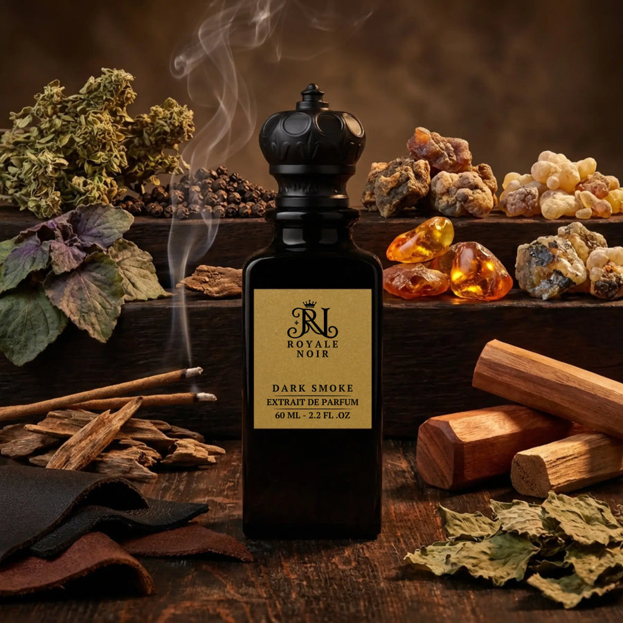 A luxurious black bottle of Royale Noir's "Dark Smoke" Extrait de Parfum (60 ML – 2.2 FL. OZ.) placed on a dark surface surrounded by key fragrance ingredients. The scene includes dark woods, amber resin drops, black peppercorns, smoky elements, rich spices, and oud, visually representing the perfume’s deep, smoky, and resinous scent profile in a moody, elegant composition.