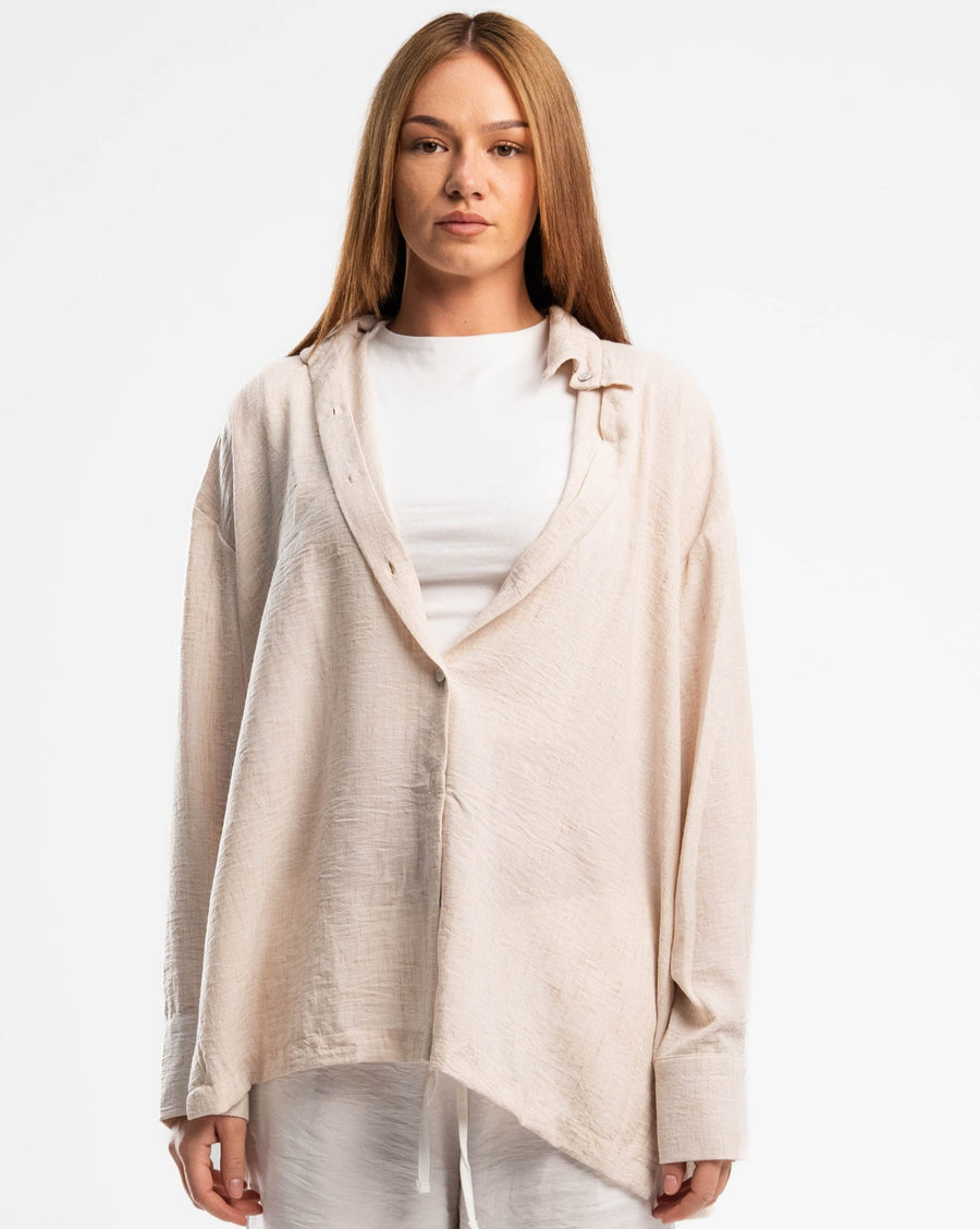 Beige Long Sleeved Pure Linen