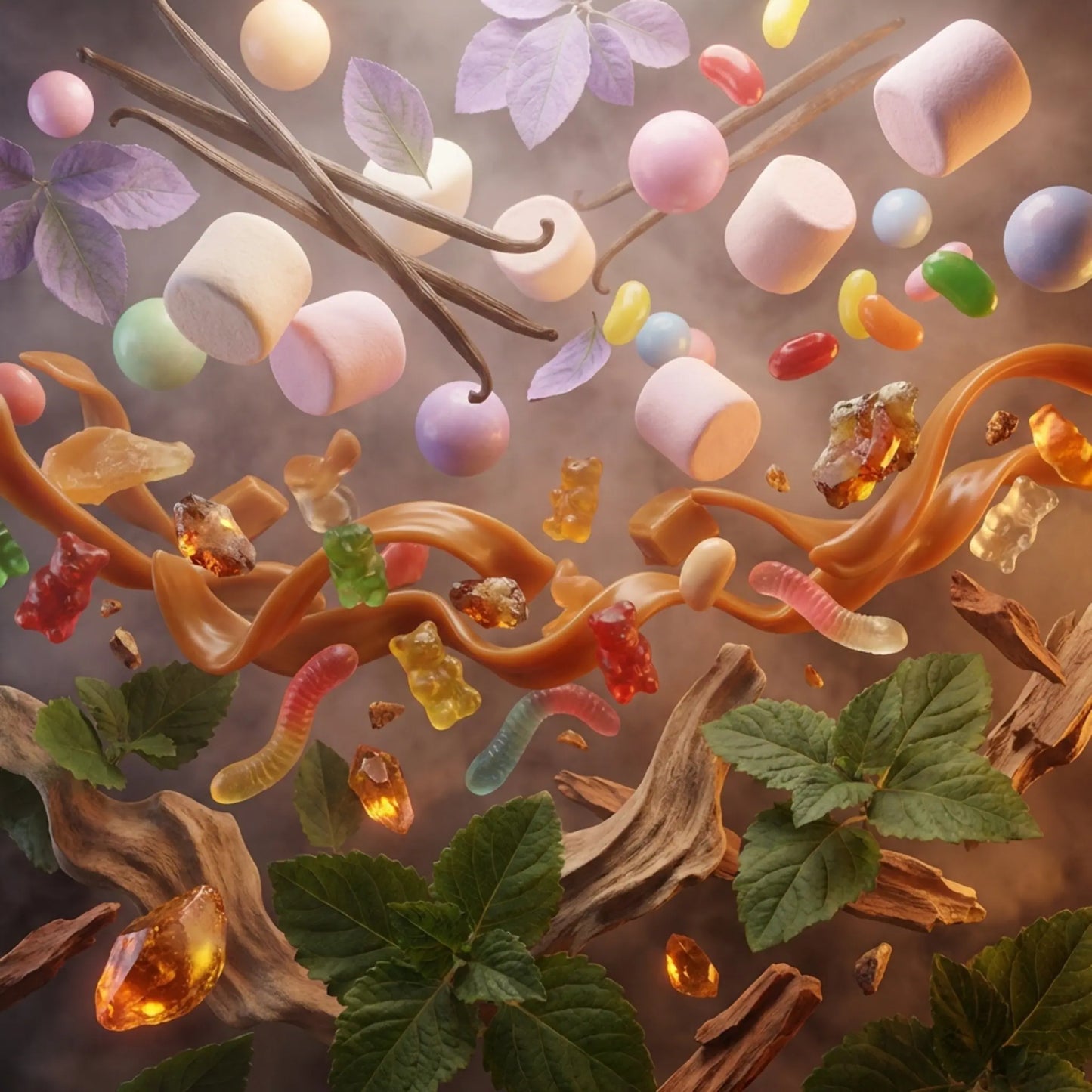 Royale Noir "Candy Shop" Perfume Ingredients containing gums, jelly beans, marshmallow, cotton candy, caramel, woods and leaves. 