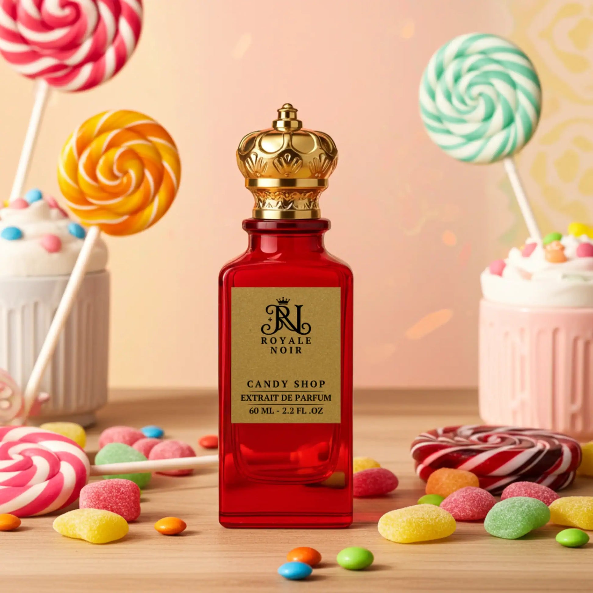 A vibrant red bottle of Royale Noir's "Candy Shop" Extrait de Parfum (60 ML – 2.2 FL. OZ.) with a golden crown-shaped cap, set against a whimsical, candy-themed background. Surrounding the bottle are colorful illustrations of cotton candy, lollipops, candy canes, and rainbow-colored sweets, creating a playful and sugary atmosphere that visually reflects the fragrance's sweet and fun personality.