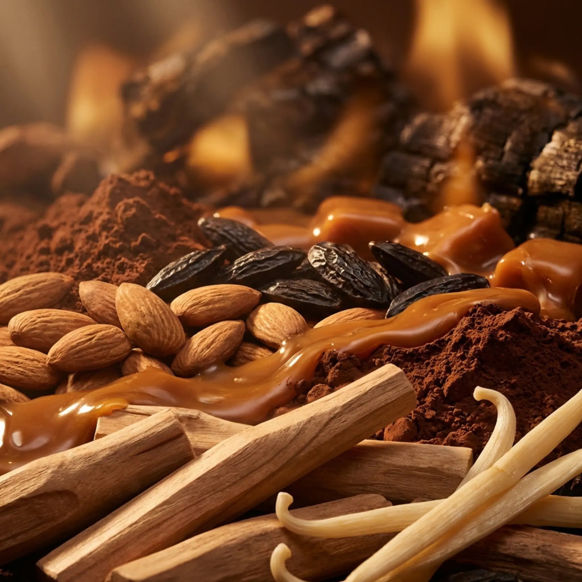 Royale Noir "Caramel Dusk" Perfume Ingredients containing chocolate, almonds, caramel, tonka, woods and other ingredients with a warm glow