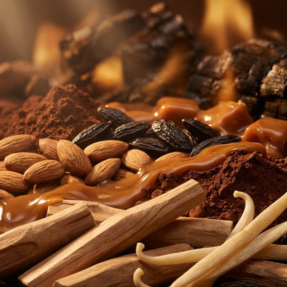 Royale Noir "Caramel Dusk" Perfume Ingredients containing chocolate, almonds, caramel, tonka, woods and other ingredients with a warm glow
