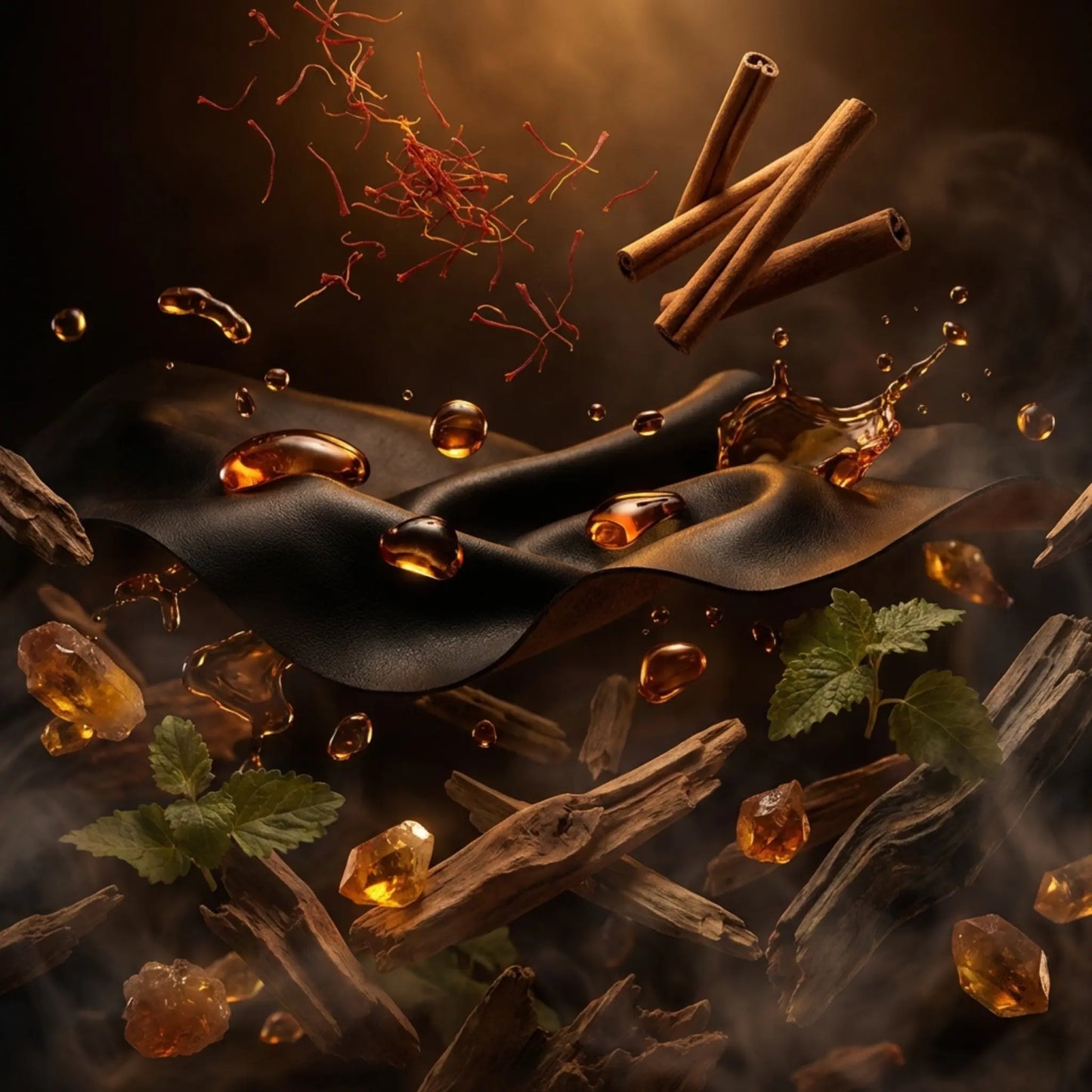Royale Noir "Dark Fortune" Perfume Ingredients containing Spices and herbs including cinnamon sticks, saffron, oud, amber and star anise on a dark surface with a warm glow.
