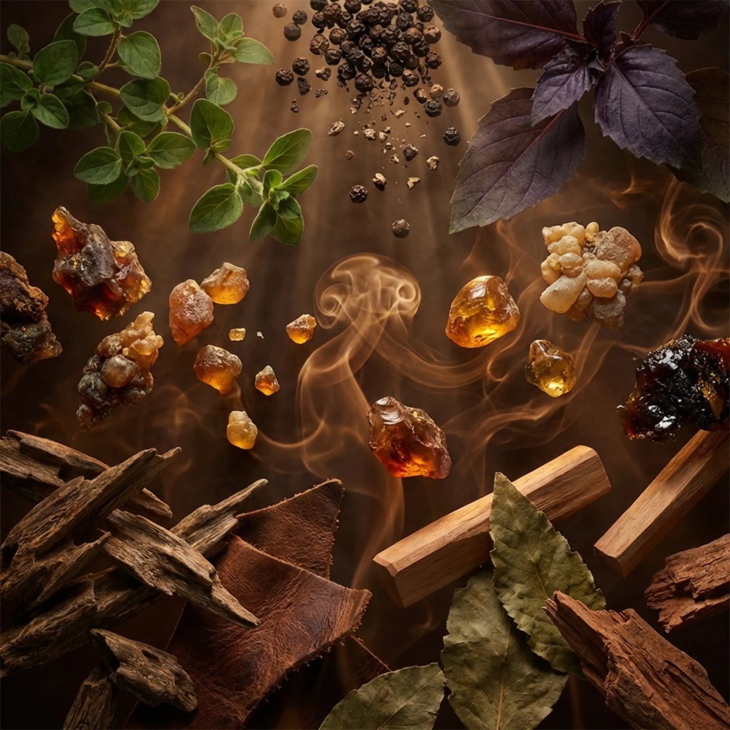 Royale Noir "Dark Smoke" Perfume Ingredients containing Spices, leather, amber, woods and herbs with smoke on a dark background