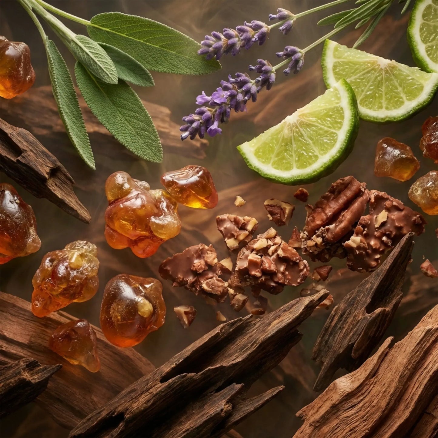 Royale Noir "Golden Silence" Perfume Ingredients containing Spices, herbs, oud, lavender and fruits on a wooden surface.