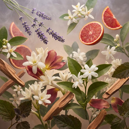 Royale Noir "Lamour Infini" Perfume Ingredients containing flowers, leaves, and sliced fruits on a textured background
