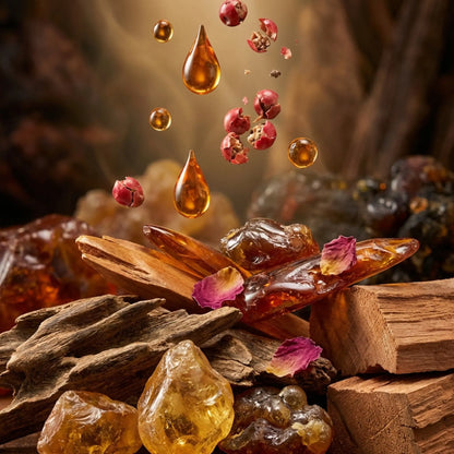 Royale Noir "Luxurious Oud" Perfume Ingredients containing Amber stones with pink petals, oud and amber droplets on a wooden surface