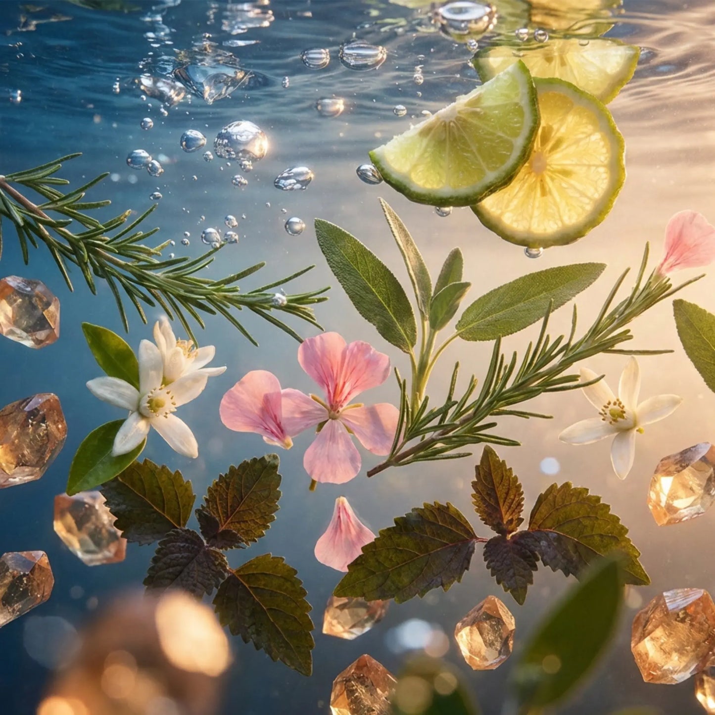 Royale Noir "Mori" Perfume Ingredients containing Fruits, sea notes, bergamot, flowers, and leaves floating in water with a blurred background