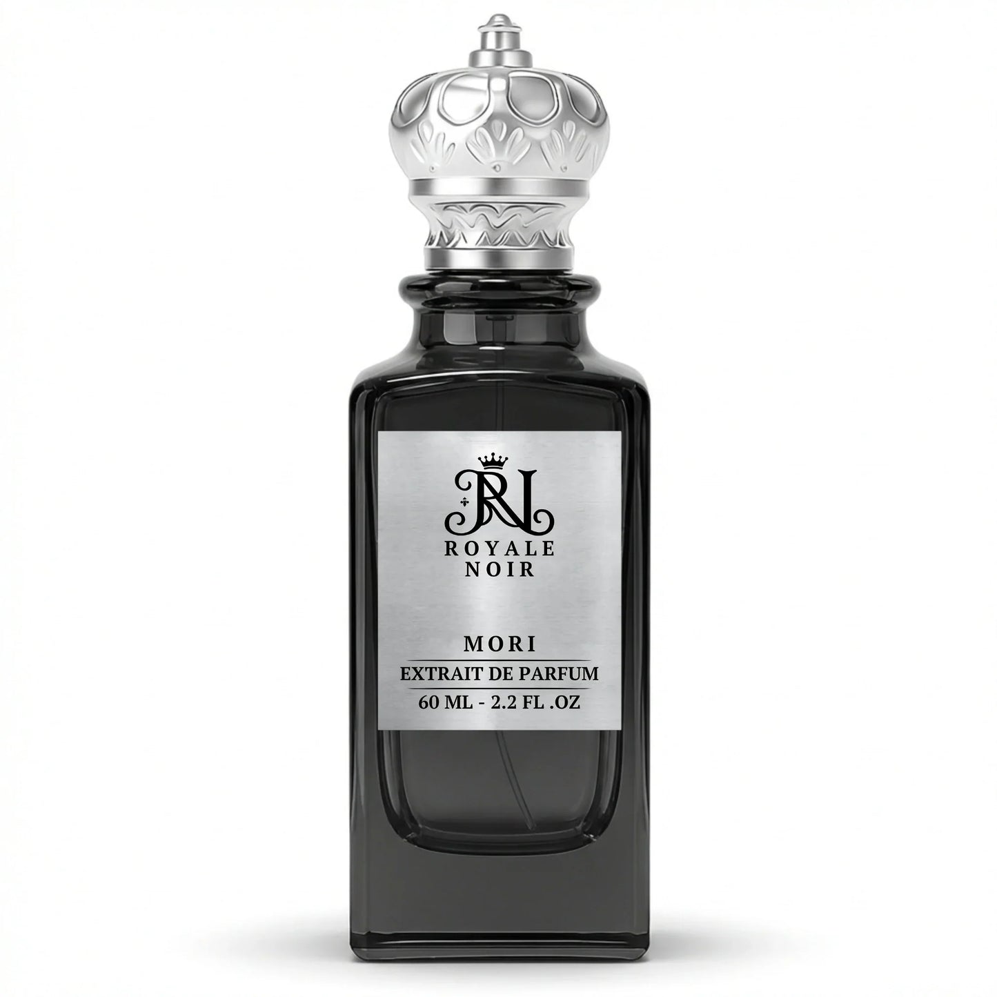 Mori Extrait De Parfum by Royale Noir – Elegant Fragrance in Transparent Black Bottle With Silver Label And Silver Crown Cap.