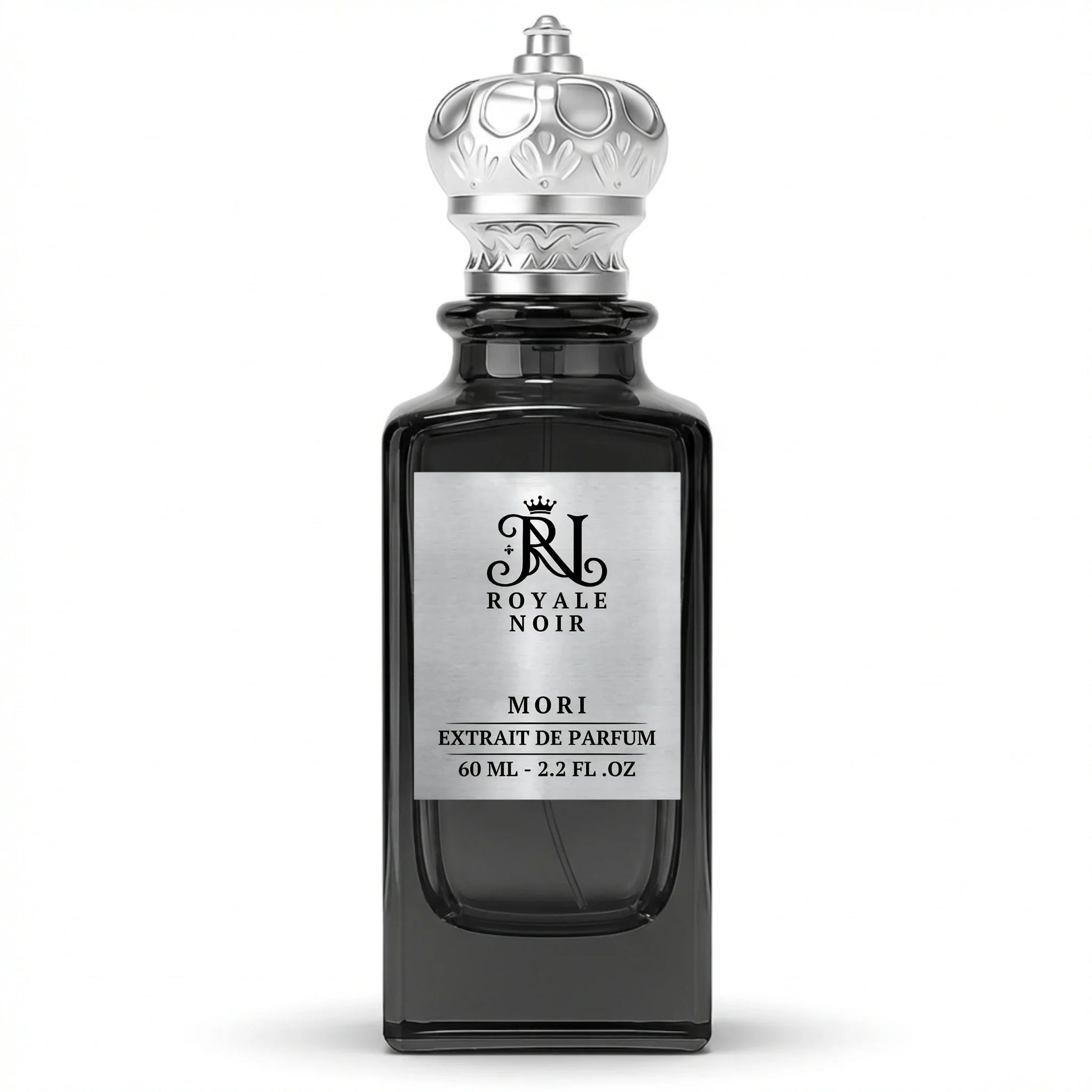 Mori Extrait De Parfum by Royale Noir – Elegant Fragrance in Transparent Black Bottle With Silver Label And Silver Crown Cap.