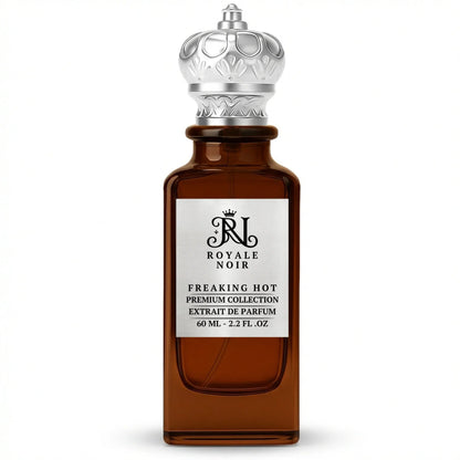 Freaking Hot Extrait De Parfum Premium Collection by Royale Noir – Elegant Fragrance in Transparent Brown Bottle With Silver Label And Silver Crown Cap.