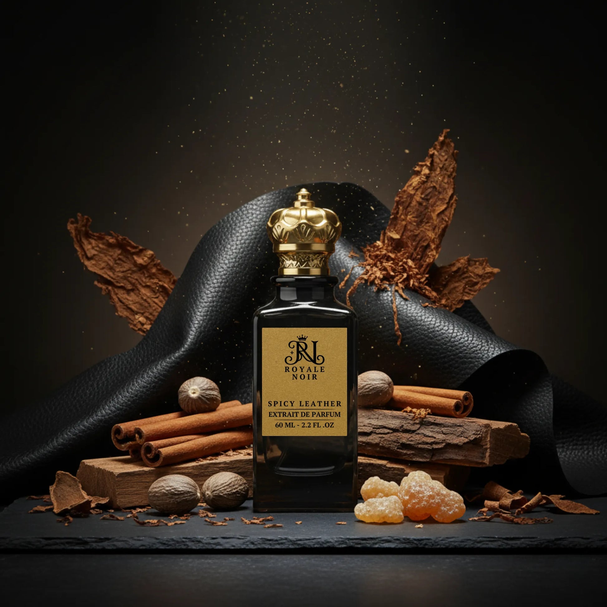A black perfume bottle labeled "Royale Noir Spicy Leather Extrait de Parfum, 60 ml - 2.2 fl. oz" is centered on a dark surface. The bottle has a decorative gold cap. Surrounding the bottle are spices and ingredients, including whole nutmegs, cinnamon sticks, allspice berries, cloves, and a piece of leather. The arrangement suggests warmth and an earthy, spicy aroma.
