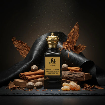 A black perfume bottle labeled "Royale Noir Spicy Leather Extrait de Parfum, 60 ml - 2.2 fl. oz" is centered on a dark surface. The bottle has a decorative gold cap. Surrounding the bottle are spices and ingredients, including whole nutmegs, cinnamon sticks, allspice berries, cloves, and a piece of leather. The arrangement suggests warmth and an earthy, spicy aroma.