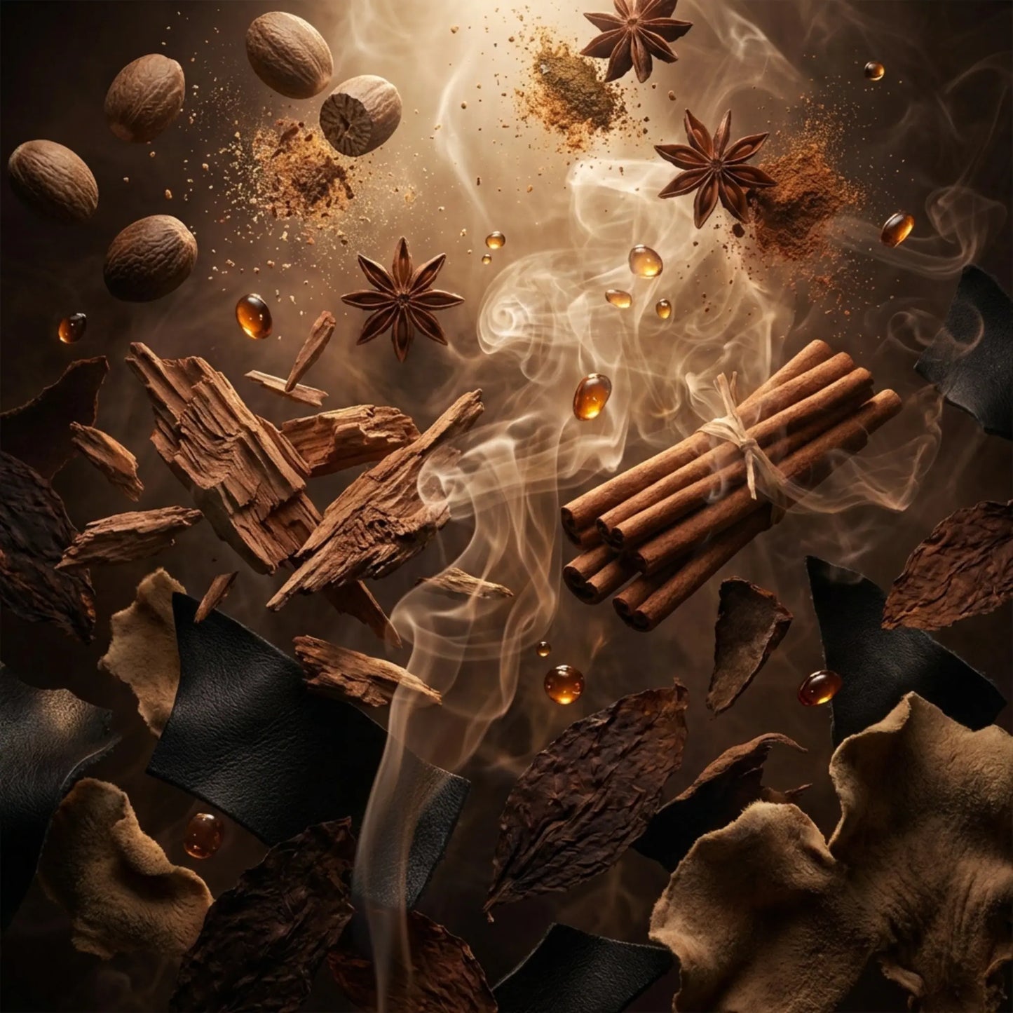 Royale Noir "Spicy Leather" Perfume Ingredients containing Spices including cinnamon sticks, star anise, leather and nutmeg with smoke on a dark background