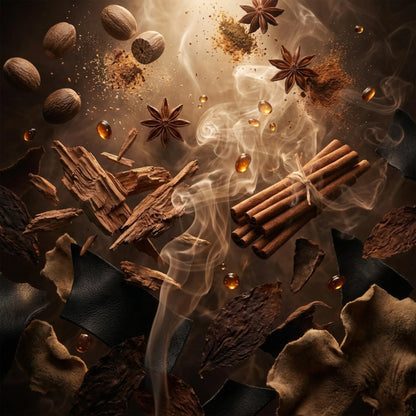 Royale Noir "Spicy Leather" Perfume Ingredients containing Spices including cinnamon sticks, star anise, leather and nutmeg with smoke on a dark background