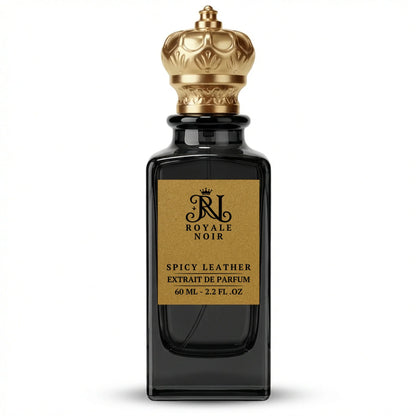 Spicy Leather Extrait De Parfum by Royale Noir – Elegant Fragrance in Transparent Black Bottle With Gold Label And Gold Crown Cap.