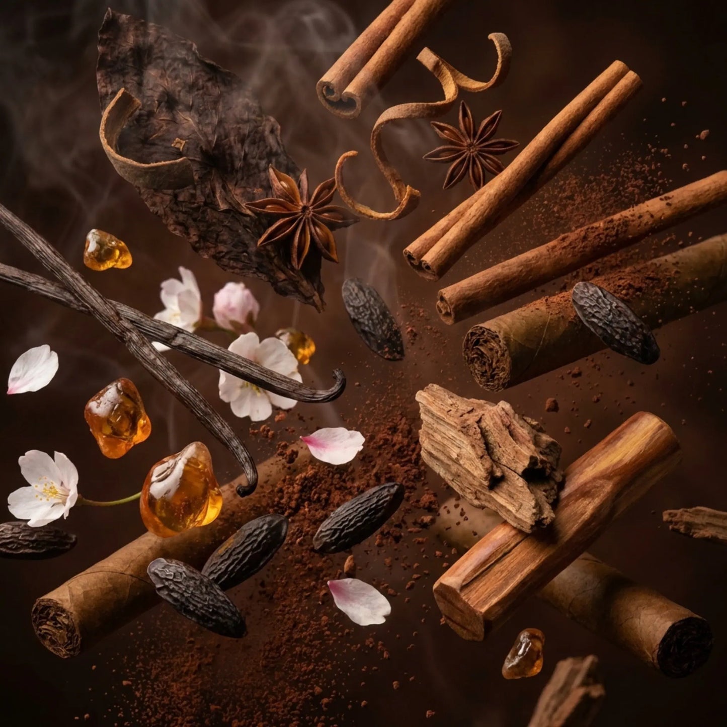 Royale Noir "Sucre Cigar" Perfume Ingredients containing tobbaco leaves, tonka, cacao, vanilla and cigar notes. 