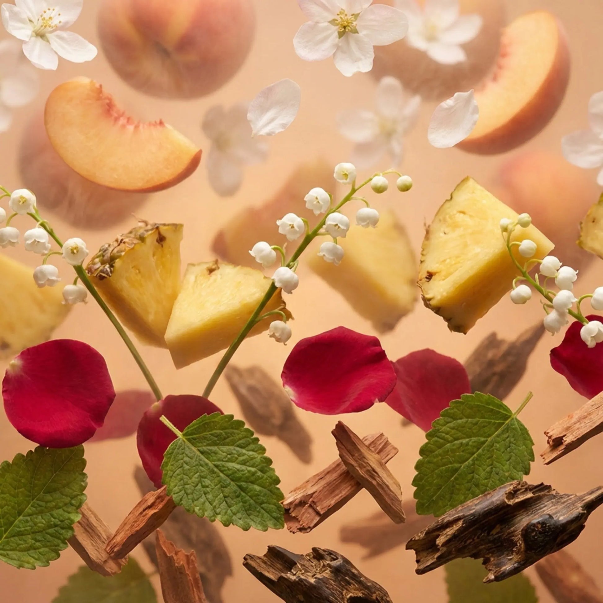 Royale Noir "Sweet Fire" Perfume Ingredients containing Sliced peaches, pineapple, oud, and flowers on a beige background