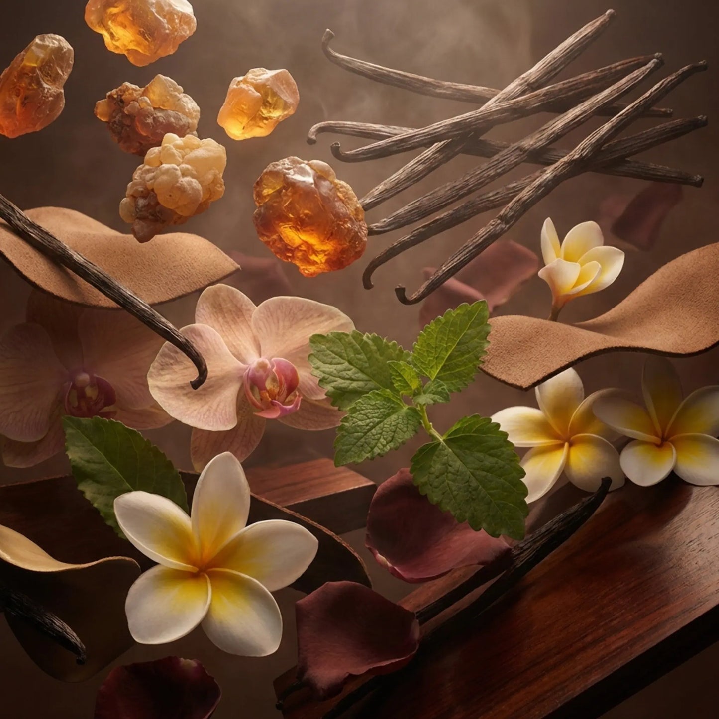 Royale Noir "Vanilla Kiss" Perfume Ingredients containing vanilla, roses, woods, amber and vanilla pods on luxury background