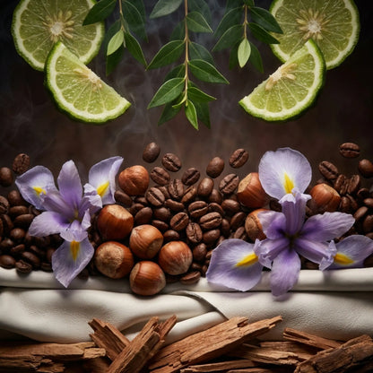 Royale Noir "Whisper Prive" Perfume Ingredients containing iris, coffee, white leather, nuts and woods on luxury background