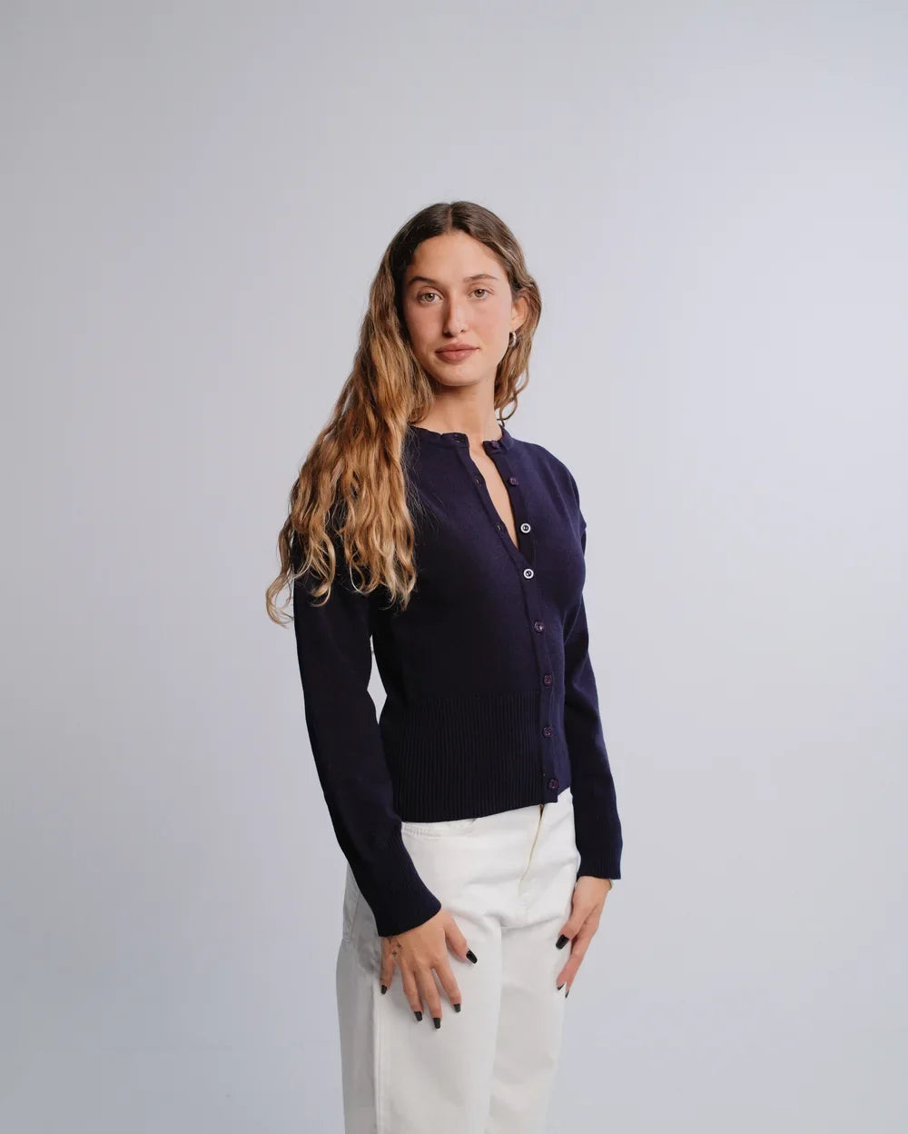 Fitted Cardigan in Navy — studio photograph