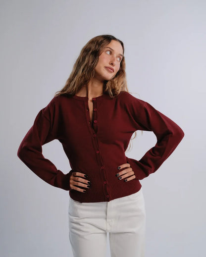 Fitted Cardigan in Burgundy — studio photograph