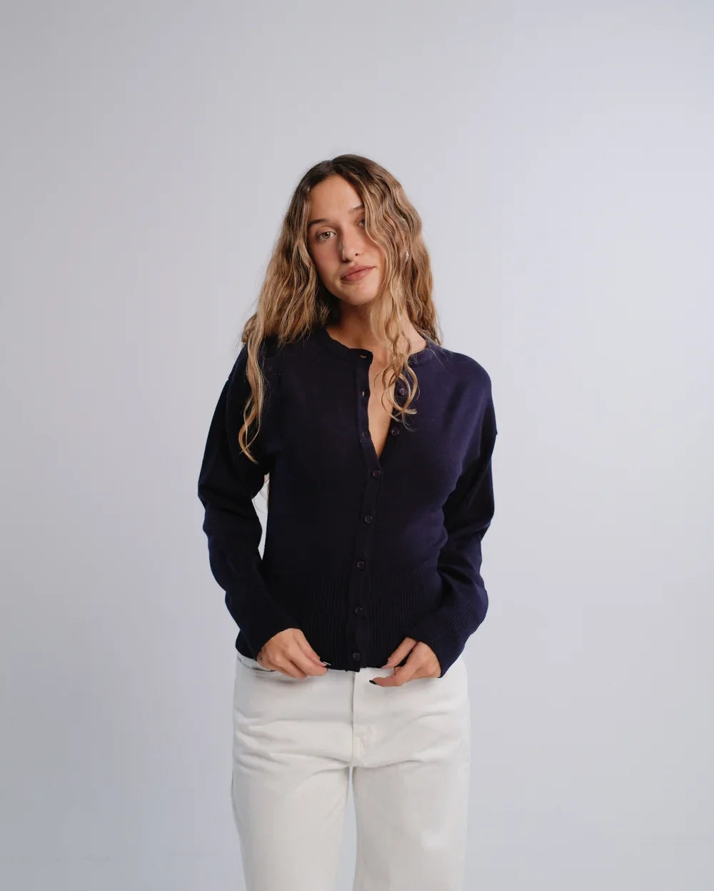 Fitted Cardigan in Navy — studio photograph