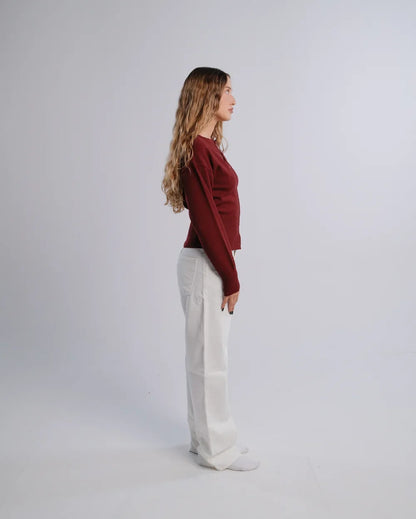 Fitted Cardigan in Burgundy — studio photograph