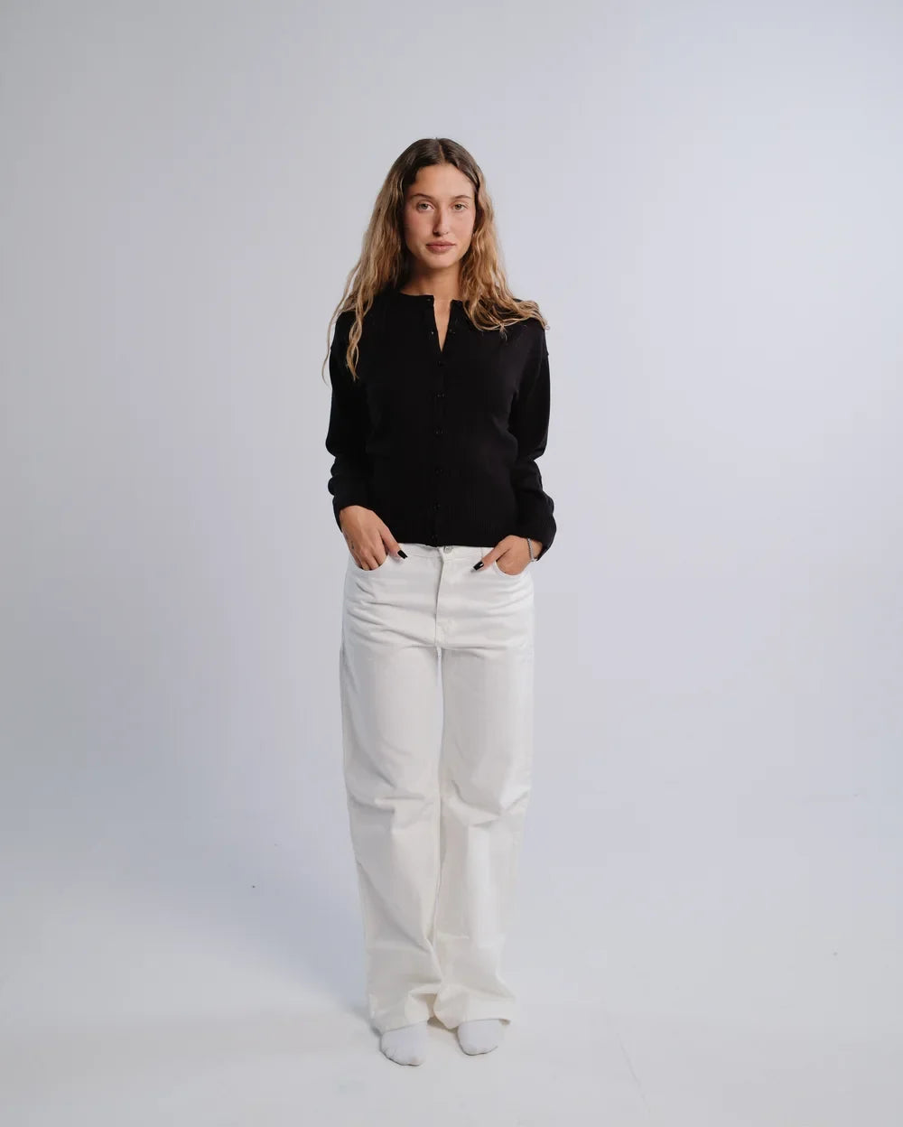 Fitted Cardigan in Black — studio photograph