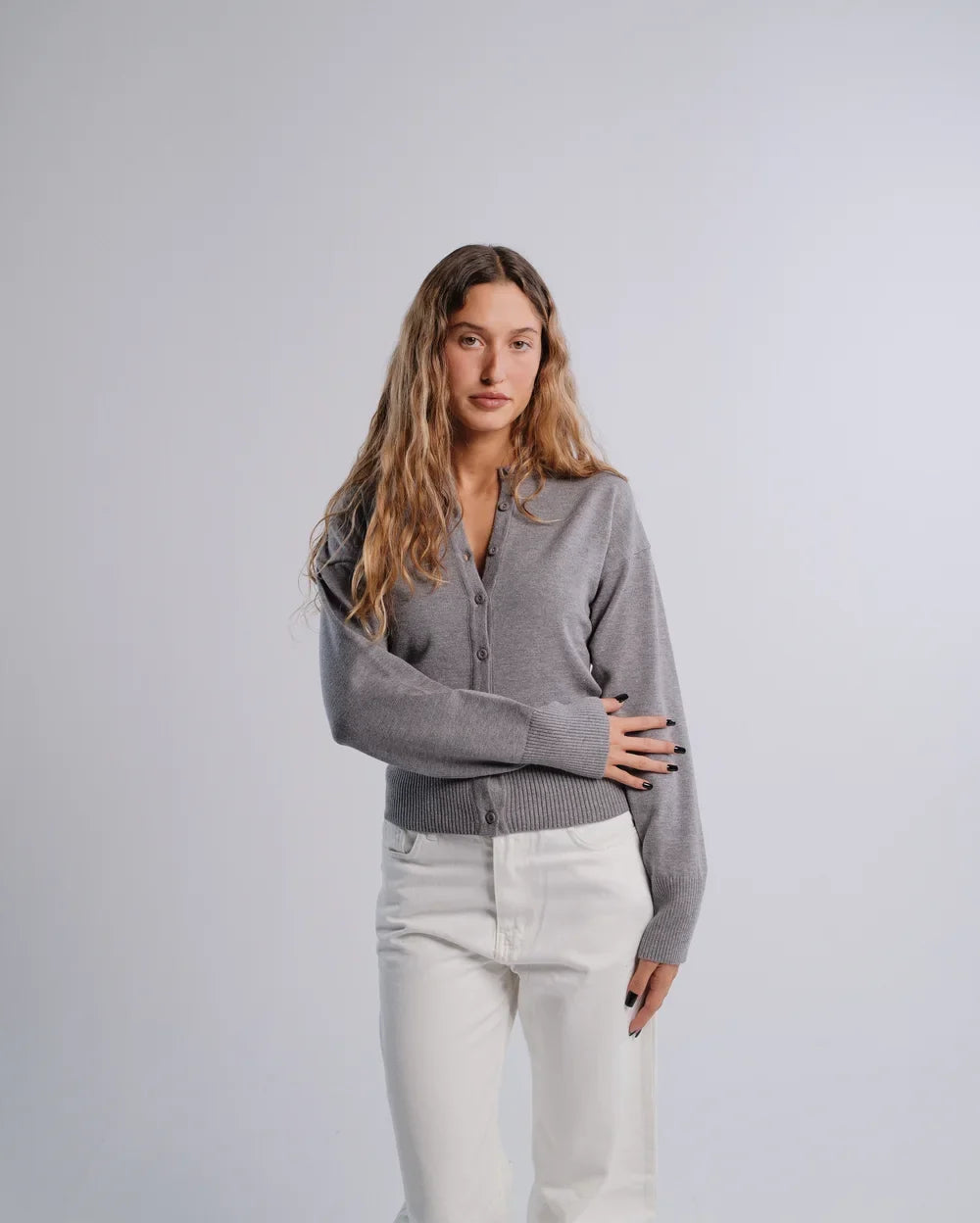 Fitted Cardigan in D-Gray — studio photograph