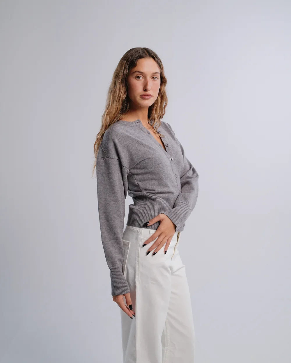 Fitted Cardigan in D-Gray — studio photograph