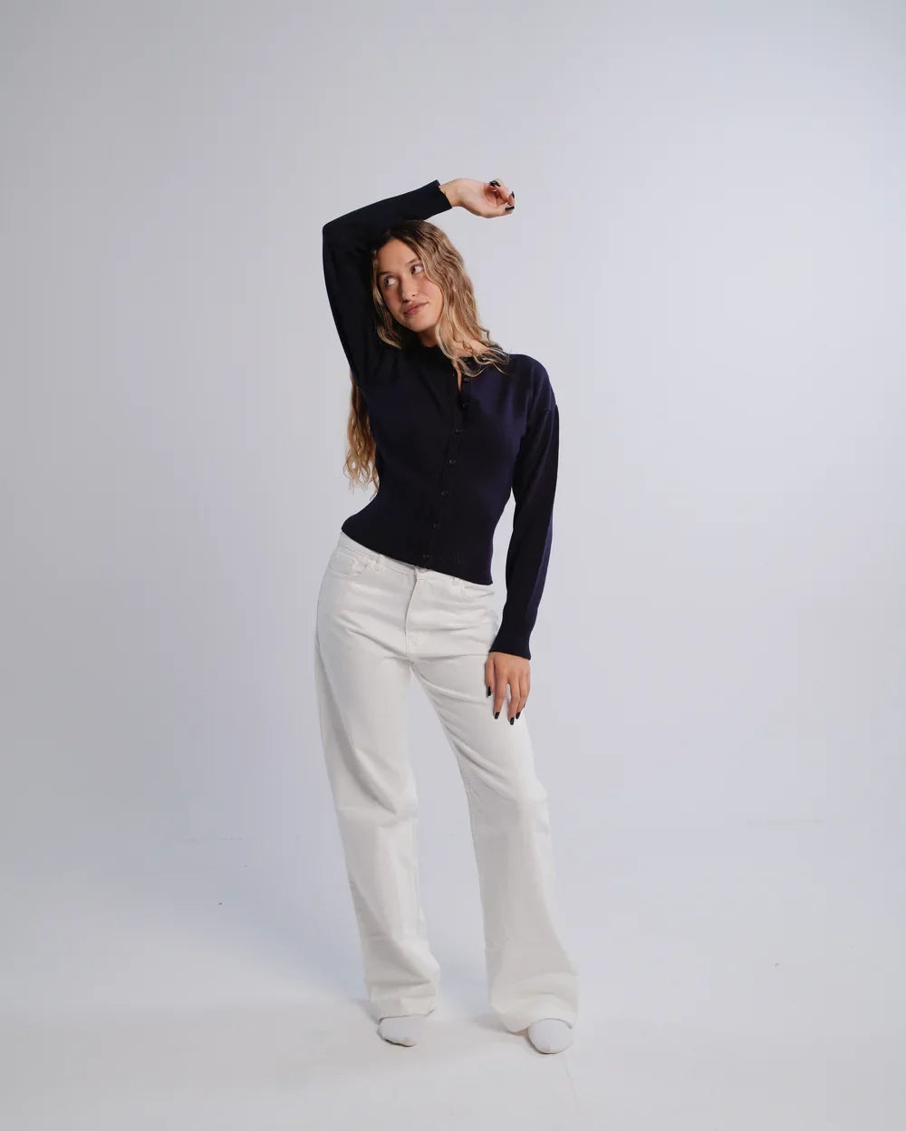 Fitted Cardigan in Navy — studio photograph