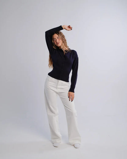 Fitted Cardigan in Navy — studio photograph