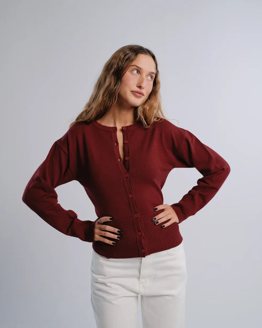 Fitted Cardigan in Burgundy — studio photograph