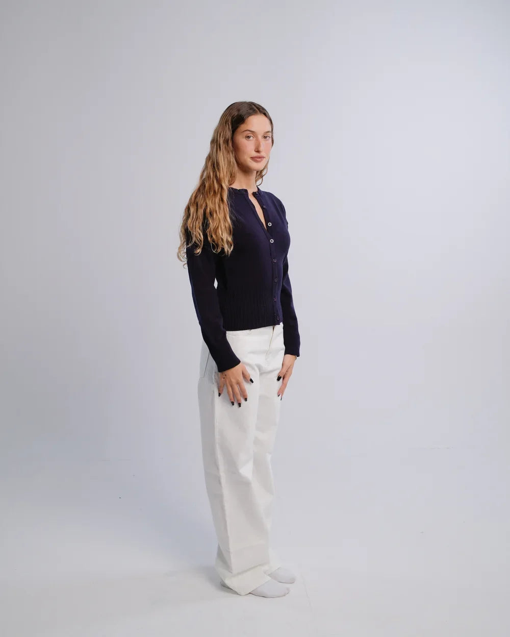 Fitted Cardigan in Navy — studio photograph