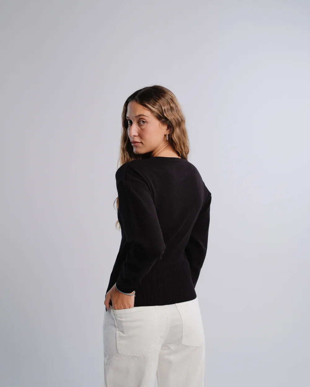 Fitted Cardigan in Black — back view