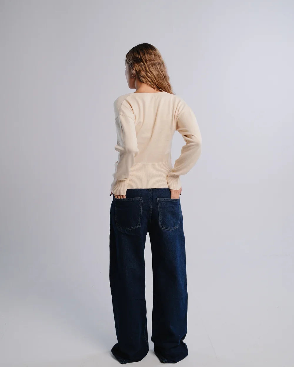 Fitted Cardigan in Cream — back view