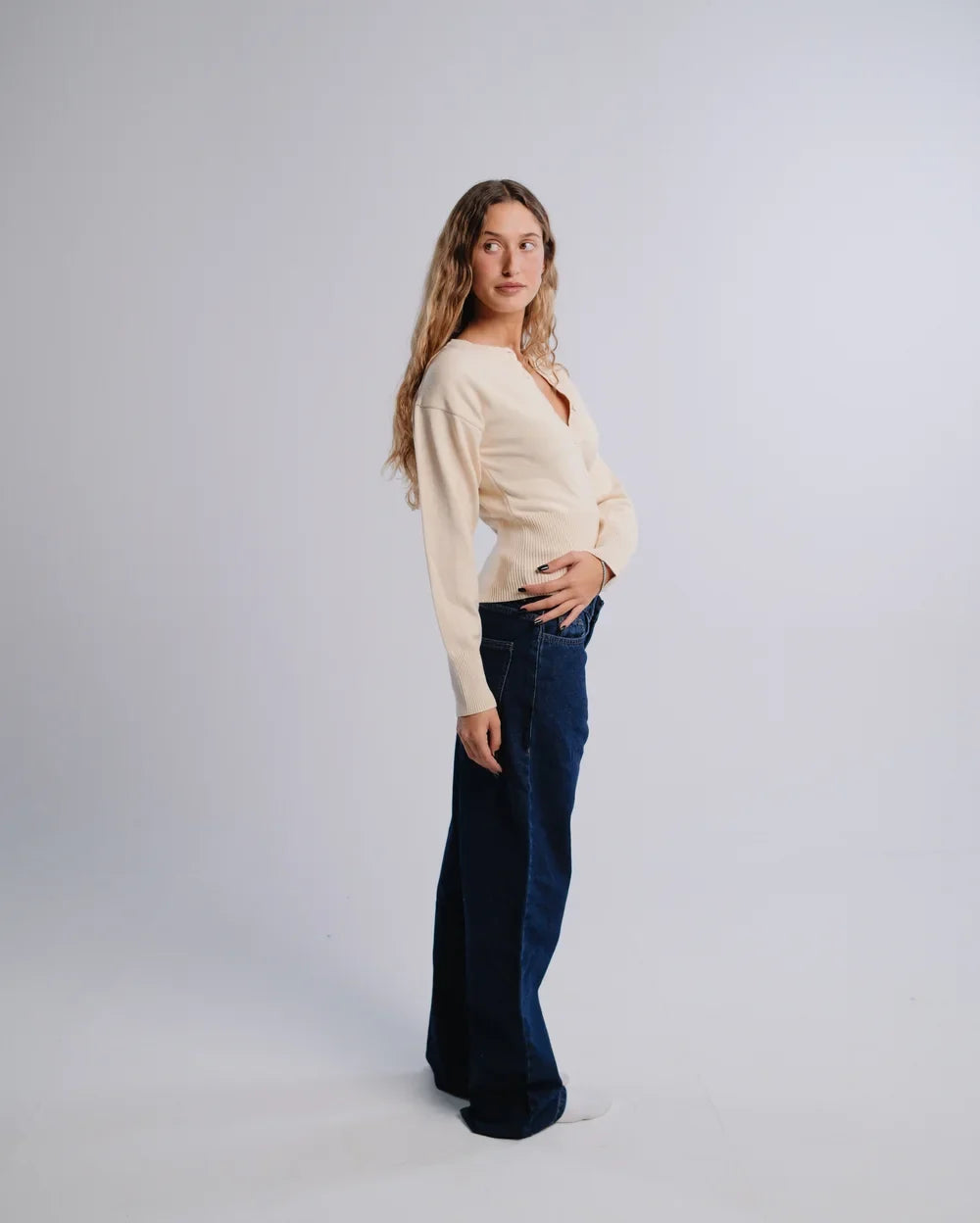Fitted Cardigan in Cream — studio photograph
