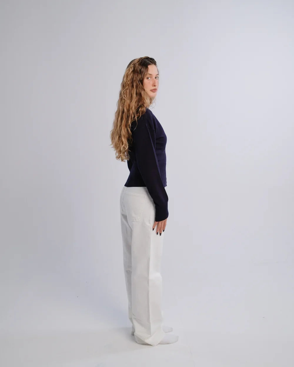 Fitted Cardigan in Navy — studio photograph