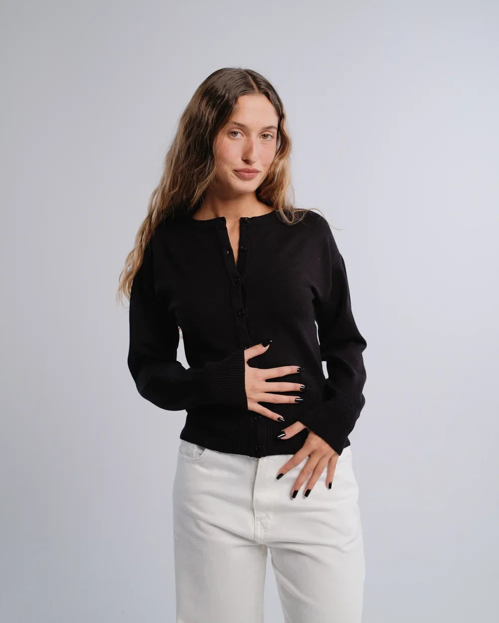 Fitted Cardigan in Black — studio photograph