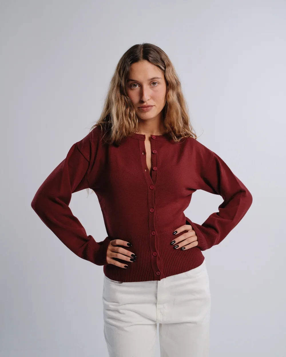 Fitted Cardigan in Burgundy — studio photograph