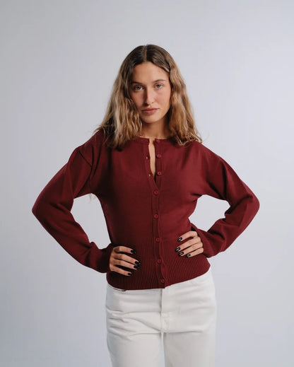 Fitted Cardigan in Burgundy — studio photograph