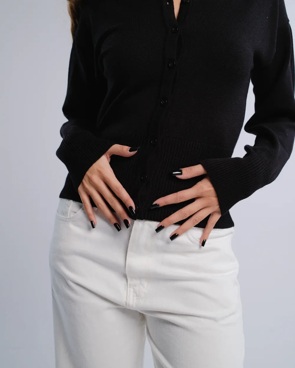 Fitted Cardigan in Black — studio photograph